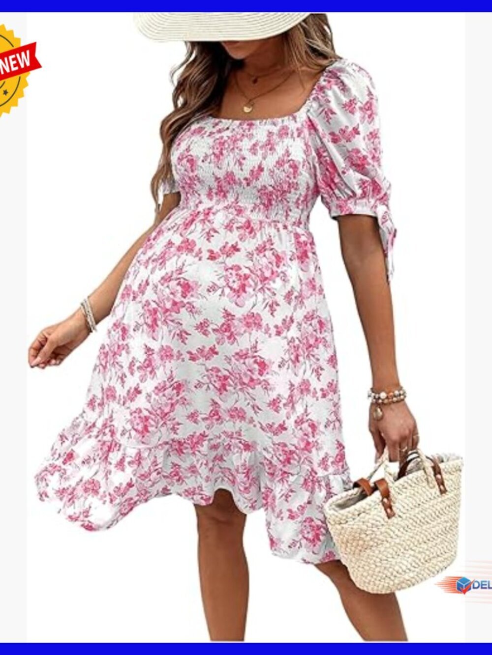 Maternity Floral Puff Sleeve Sundress Summer Beach Baby Shower Dress